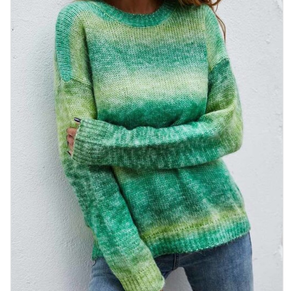NEW Soft striped green cozy knit crew neck sweater - Picture 2 of 3